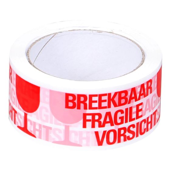 Breekbaar tape PP acryl rood-wit 48mm x 66 meter - 28 my rol